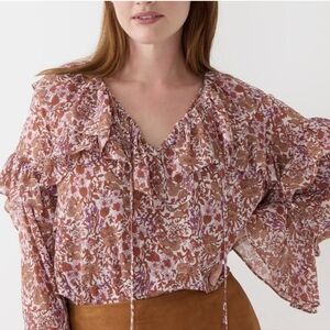 J. Crew Chiffon Ruffled Floral Print Longsleeve Top